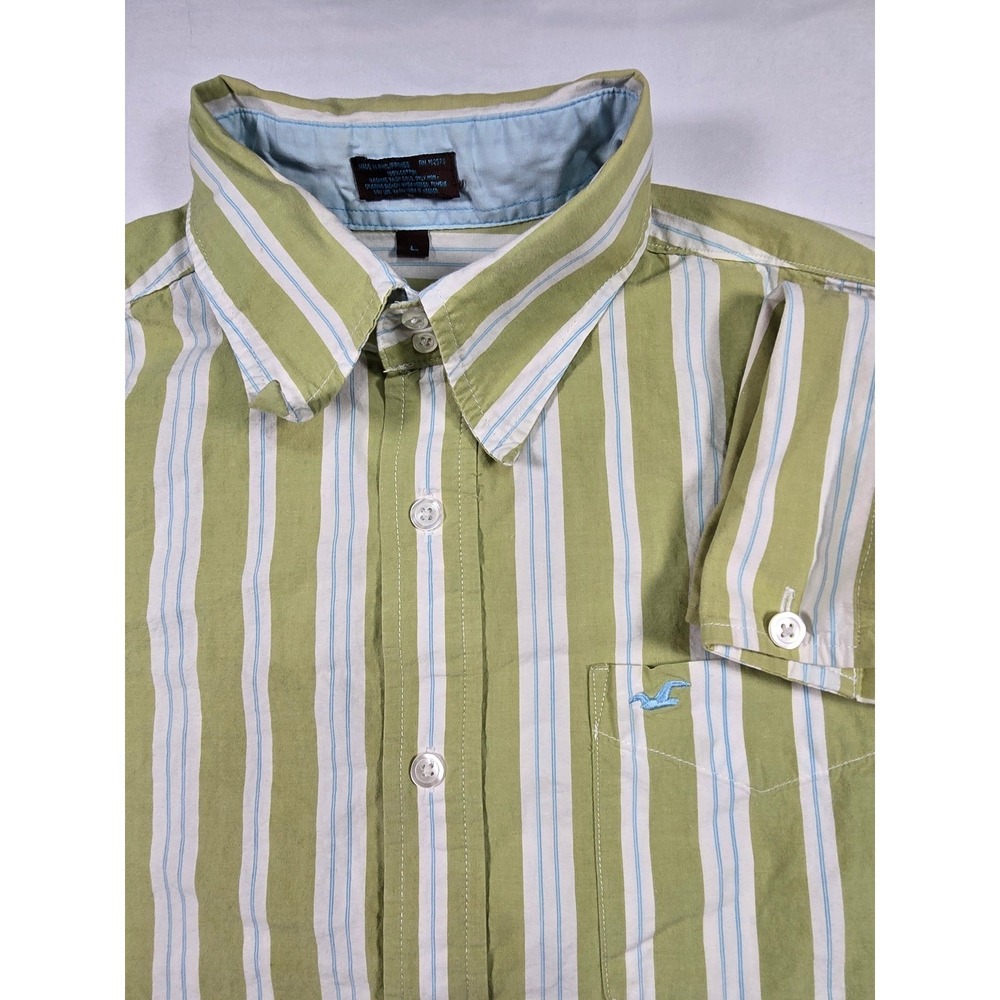 Hollister Mens Large Green White Striped Long Sleeve‎ Button Down Shirt Cotton